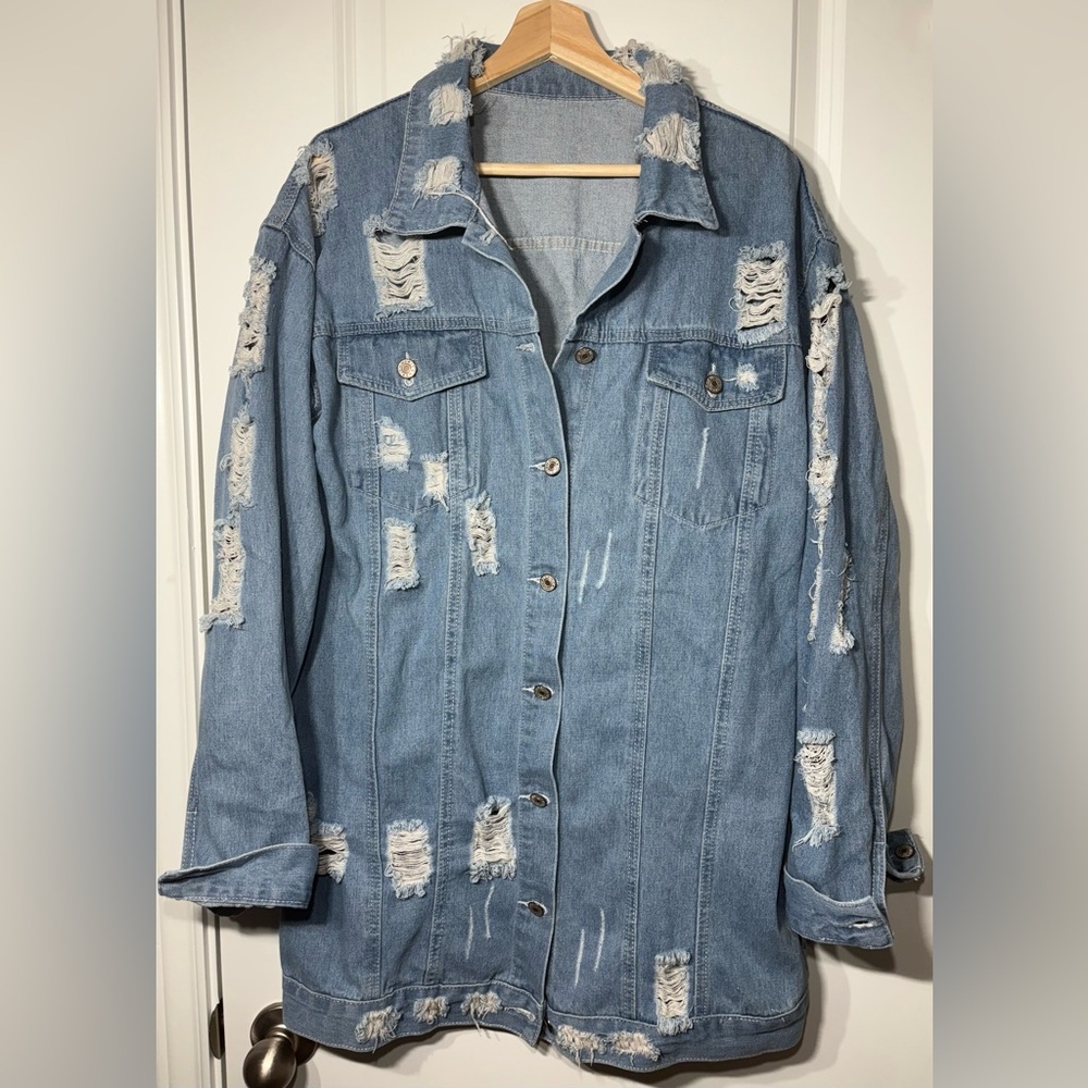 Blue Distressed Oversized Jean Jacket - Picture 4 of 7
